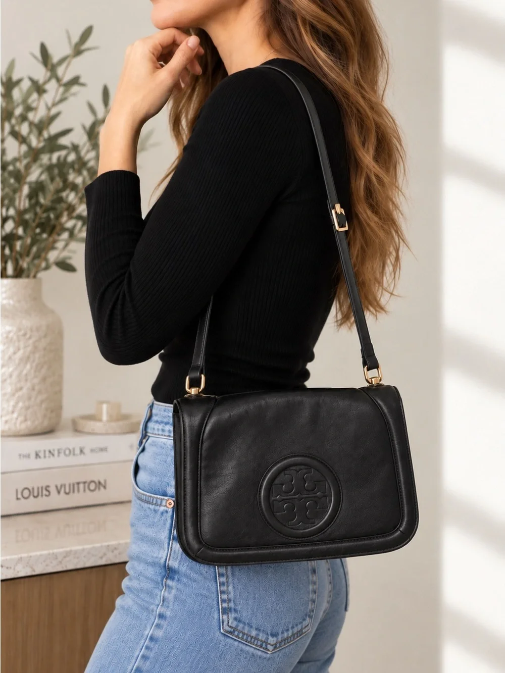 Tory Burch Logo Flap Leather Shoulder Bag in Navy with Gold Hardware